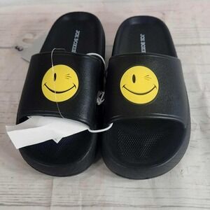 Joe Boxer Slide Sandals Black Smiley Face Winking Graphic Kids Size 3